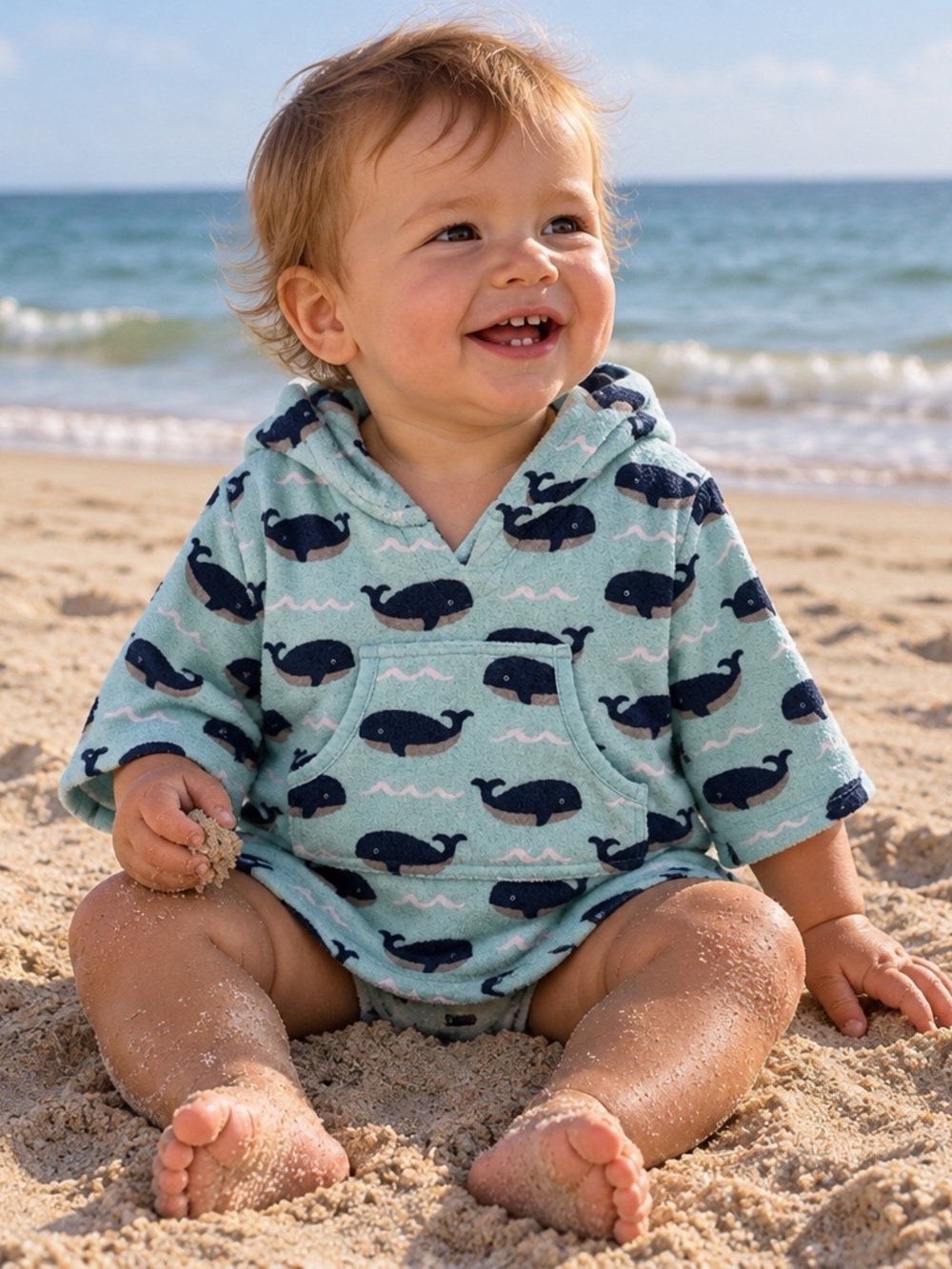 Pottery Barn Kids Whale Print Hoodie 6-12M Aqua Baby Pullover Sweatshirt